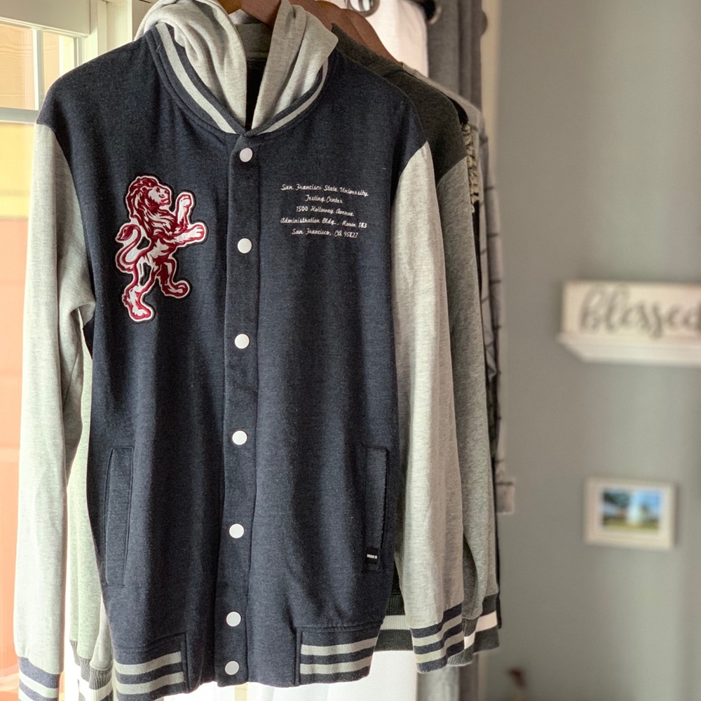 Blue and Grey hoodie.